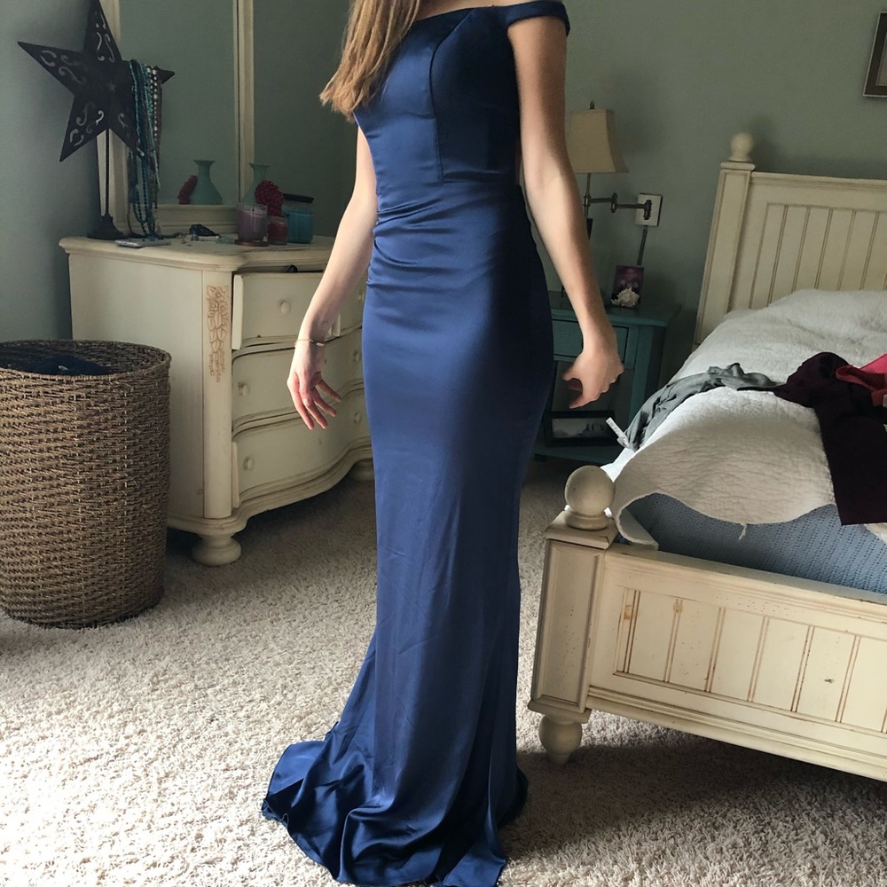Navy blue silk prom dress